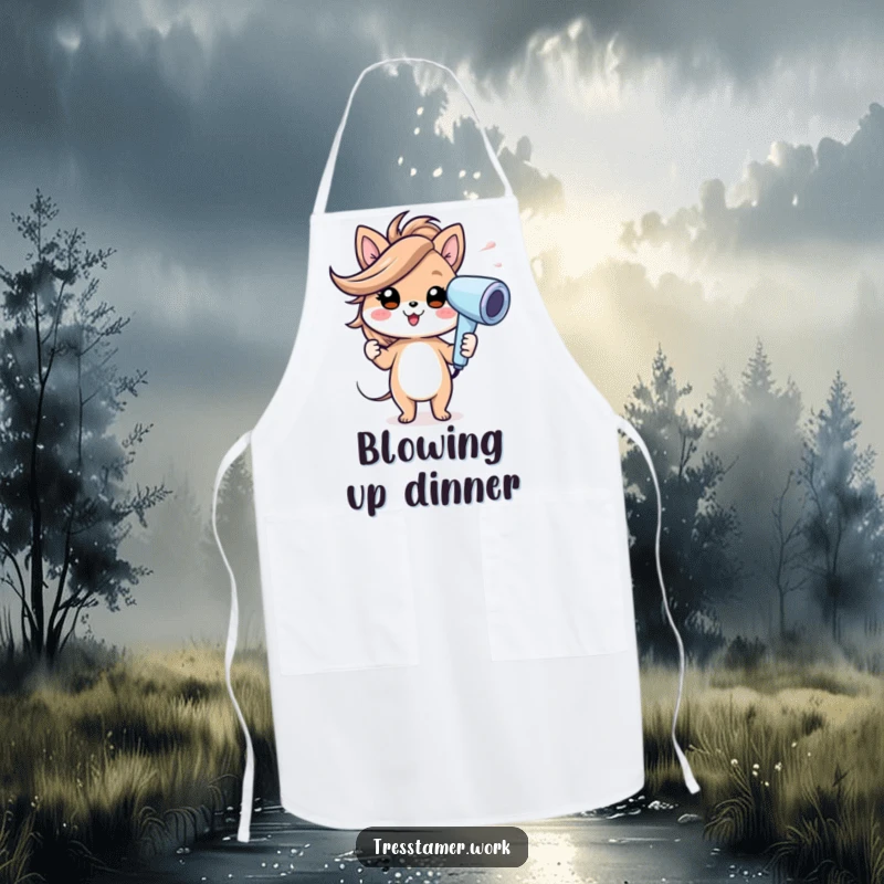 Funny apron with a cheerful animal character using a hairdryer creating a wind effect, perfect for a fun kitchen. Great funny gift.