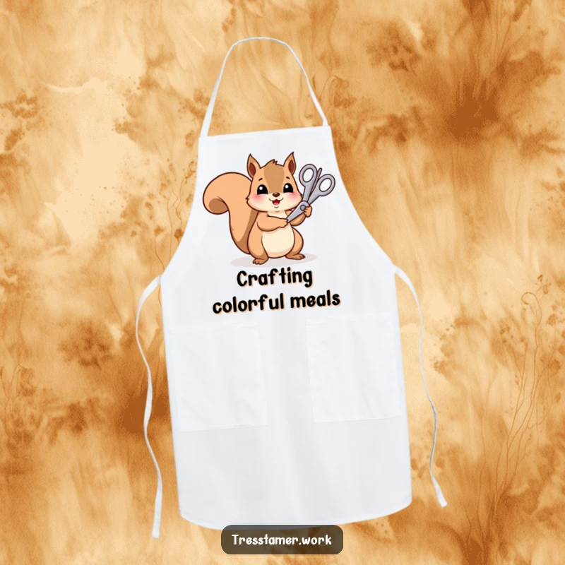 Funny cheerful squirrel using oversized scissors to trim a rainbow, cooking apron, vibrant craft accessory.
