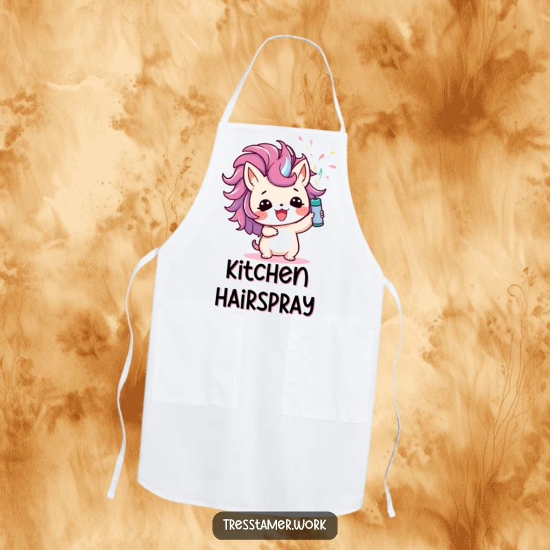 Funny apron showing a cute animal character joyfully spraying colorful hairspray upwards, bringing humorous flair to styling and creative tasks.