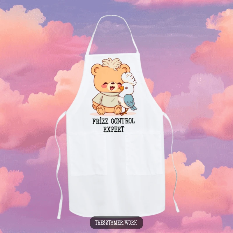 Funny giggling bear in a smock giving a bird a fluffy perm, cooking apron, animal salon accessory.
