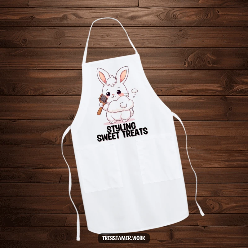 Funny fluffy bunny with comb styling a tiny cloud, cooking apron, whimsical baking accessory.