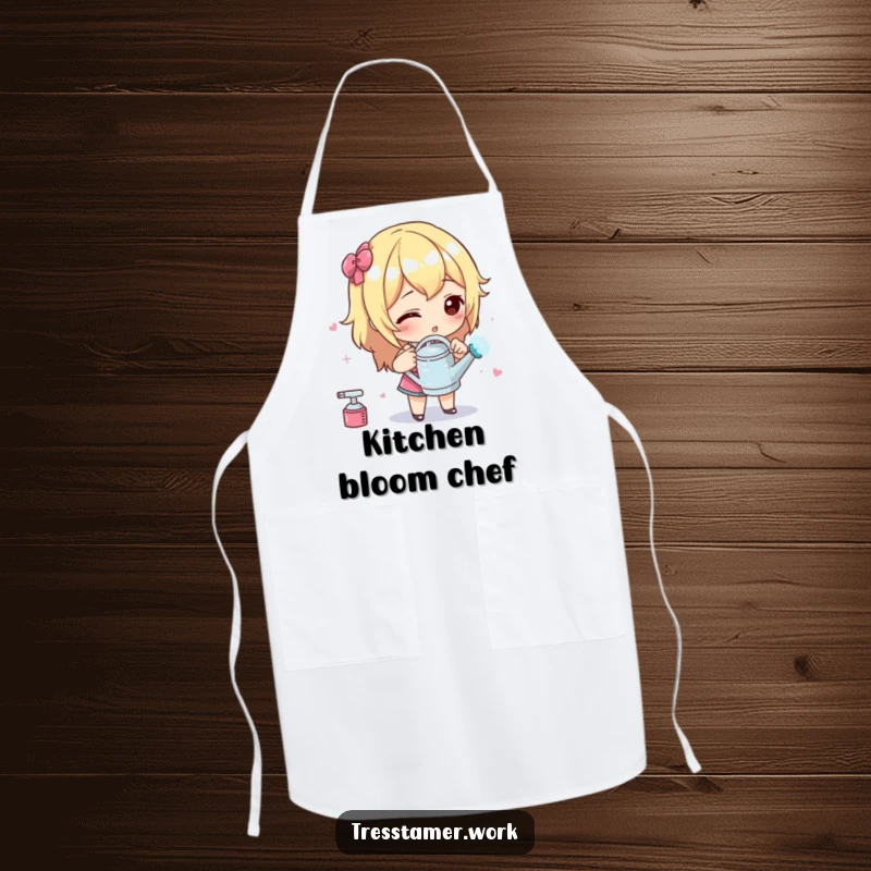 Funny apron with a character using a miniature watering can to spray styling liquid with intense focus, precision grooming accessory.