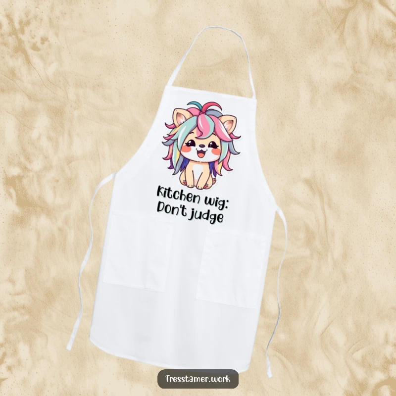 Funny apron with a happy animal character playfully styling a colorful wig, perfect for a fun and stylish kitchen. Great funny gift.