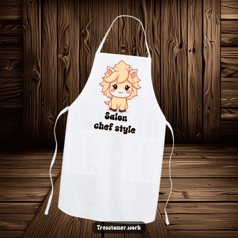 Funny apron with a kawaii animal character proudly displaying a perfectly styled, magnificent mane, cute kitchen accessory.