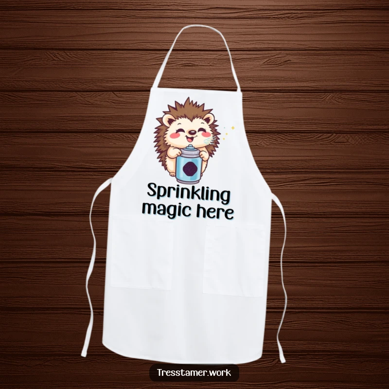 Funny hedgehog apron, gleefully spraying glitter, designed for kitchen protection with a side of hilarious, sparkly charm.