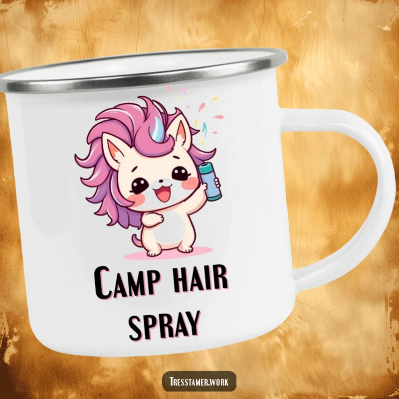 Funny camping mug with a cute animal character joyfully spraying colorful hairspray upwards, ideal for humorous outdoor adventures and travel.