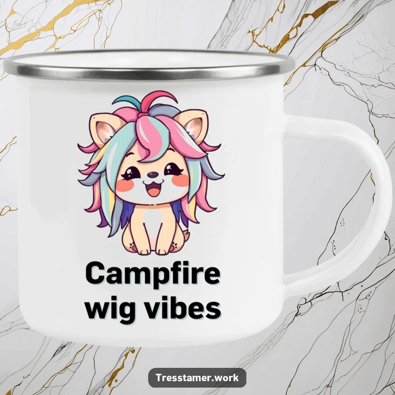 Funny camping mug with a happy animal character styling a colorful wig, perfect for adding fun and style outdoors. Great funny gift.
