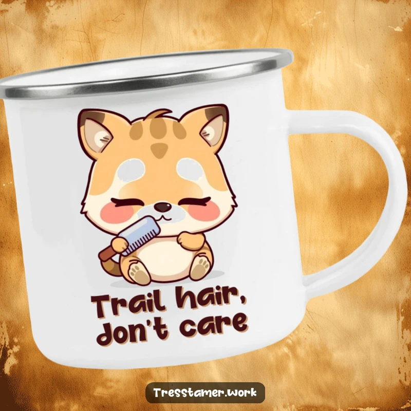 Funny camping mug showcasing an adorable animal character concentrating intensely with a comb, perfect for outdoor humor. Great funny gift.