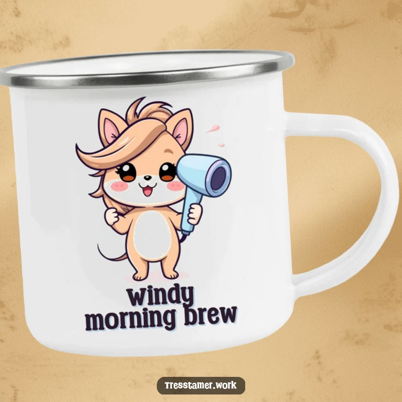 Funny camping mug with a cheerful animal character using a hairdryer creating a wind effect, perfect for outdoor humor. Great funny gift.