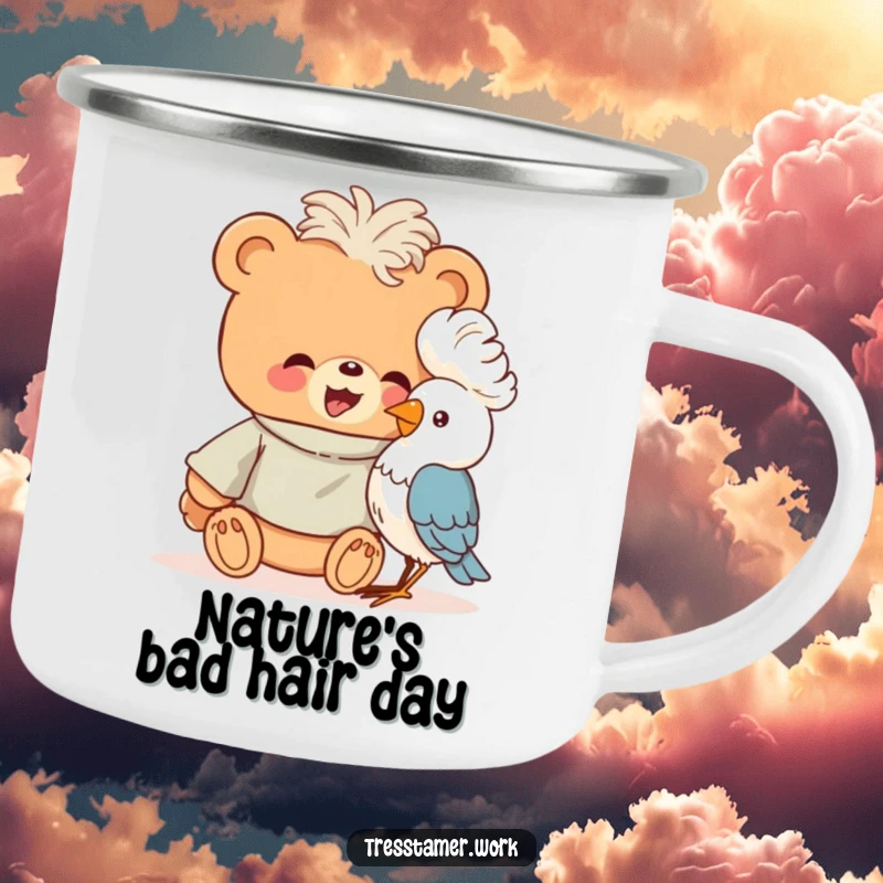 Funny giggling bear giving a bird a fluffy perm, enamel camping mug, animal salon outdoor humor.