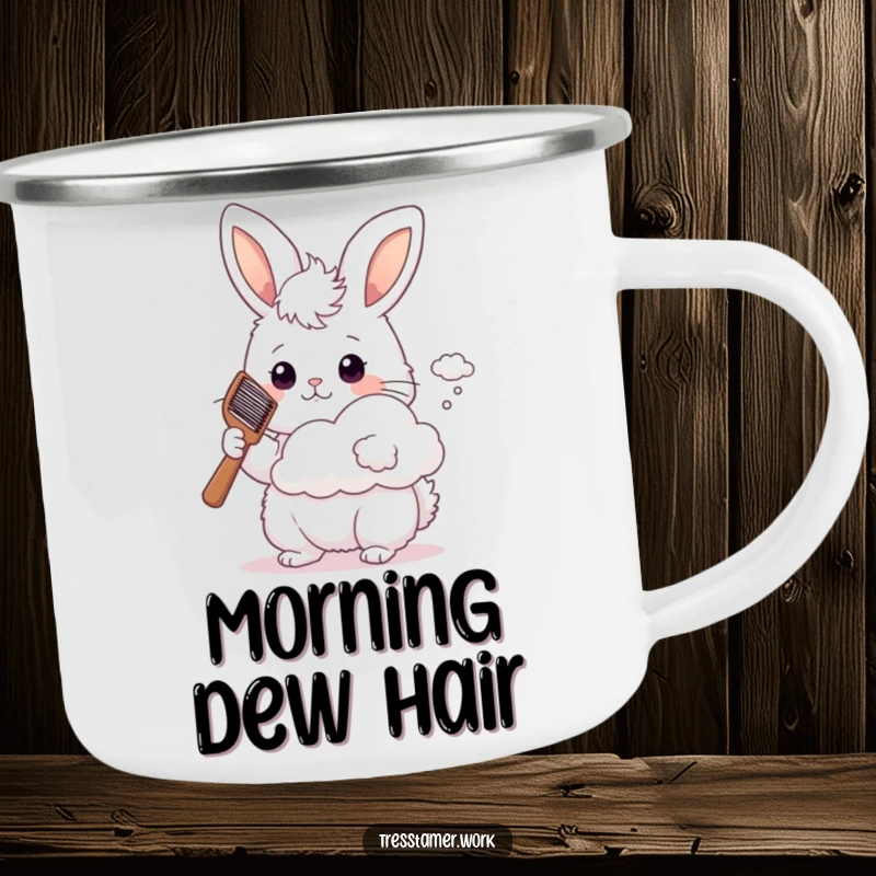 Funny fluffy bunny with comb styling a cloud, enamel camping mug, whimsical outdoor humor.
