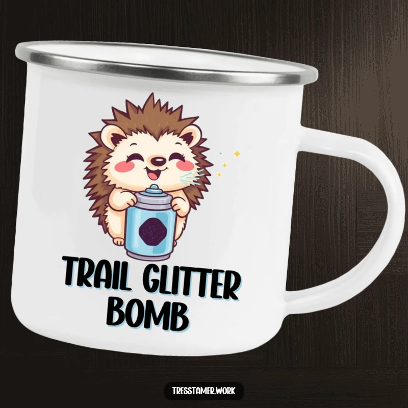 Funny hedgehog camping mug, outdoor-ready and cheerfully spraying glitter, a humorous companion for any adventure.
