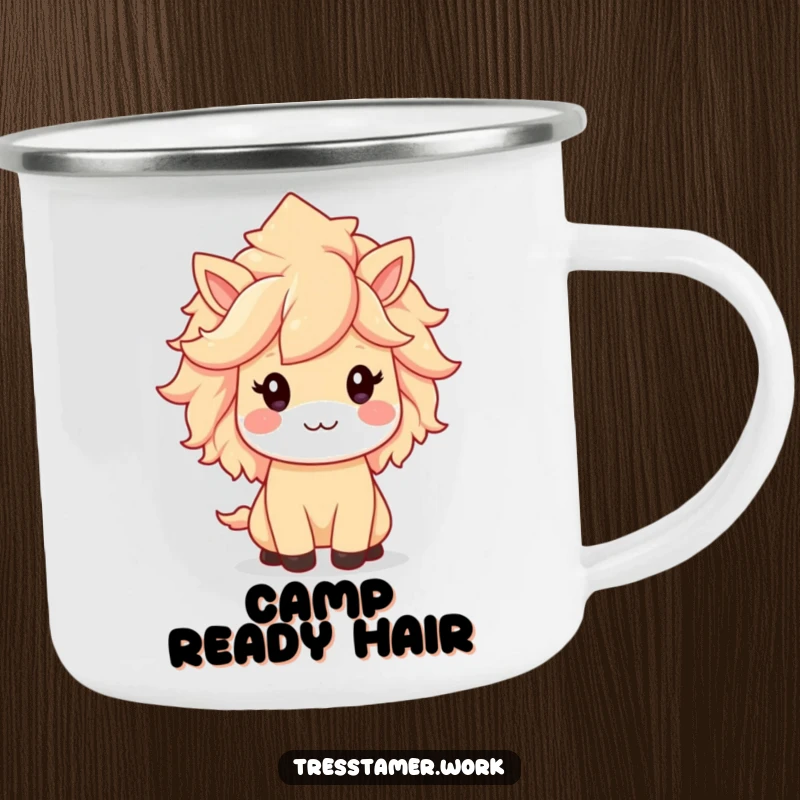 Funny camping mug with a kawaii animal character, proudly showcasing a perfectly styled, fabulous mane during an outdoor adventure.