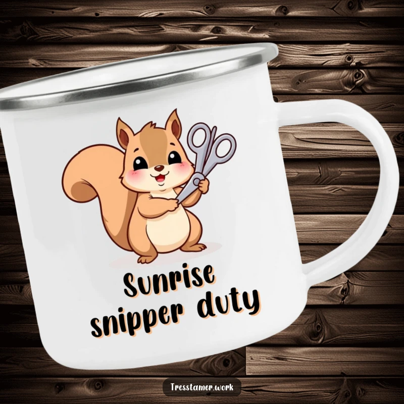 Funny cheerful squirrel trimming a rainbow with scissors, enamel camping mug, vibrant outdoor humor.