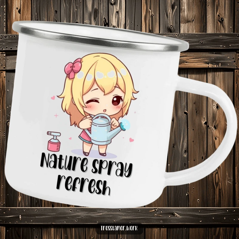 Funny camping mug with a character using a tiny watering can to spray styling liquid with extreme precision, outdoor humor.