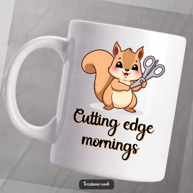 Funny cheerful squirrel using oversized scissors to trim a rainbow strand, creative mug, vibrant art.