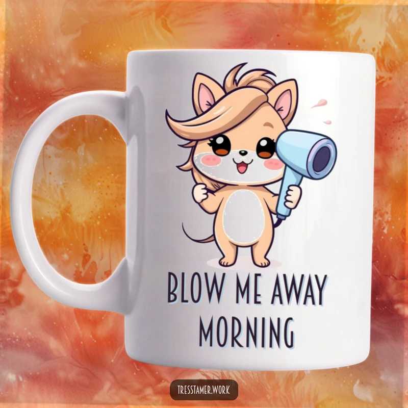 Funny mug featuring a cheerful animal character using a hairdryer with a comical gust of wind effect, showing energetic styling. Great funny gift.