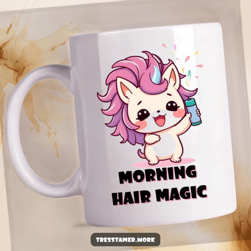Funny mug with a cute animal character joyfully spraying colorful hairspray upwards, creating a vibrant and humorous display.