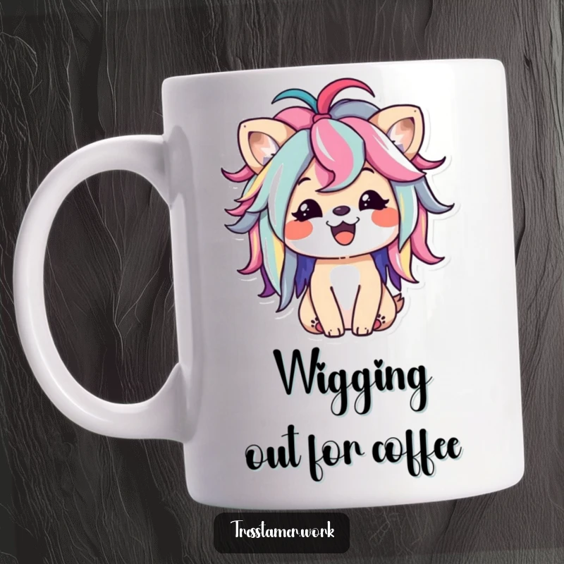 Funny mug with a happy animal character playfully styling a colorful wig, celebrating fun and bold fashion choices. Great funny gift.