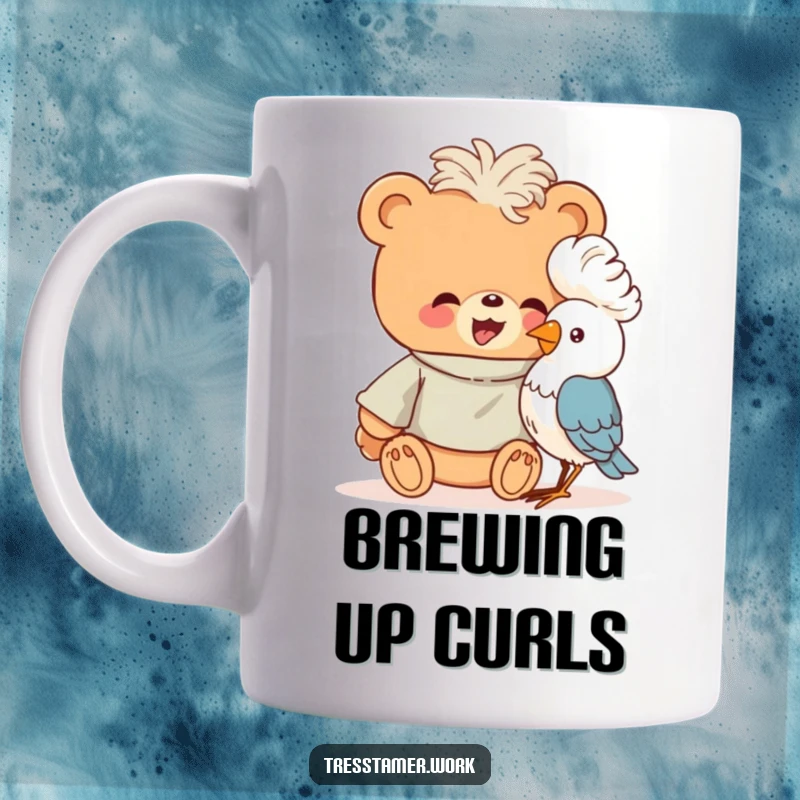 Funny giggling bear in a smock giving a bird a fluffy perm, animal salon mug, humorous art.