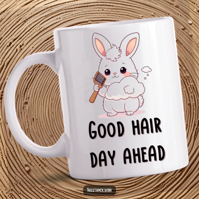 Funny fluffy bunny with comb styling a tiny floating cloud, whimsical mug, creative art.