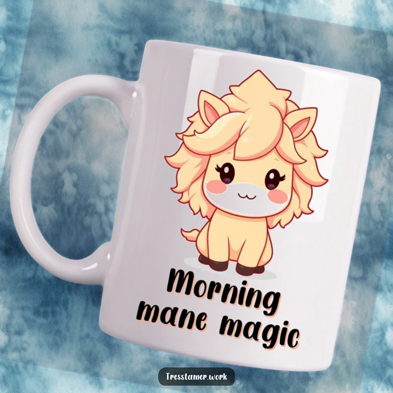 Funny mug with a kawaii animal character, beaming with pride, showcasing a perfectly styled, voluminous mane, cute hair goals.