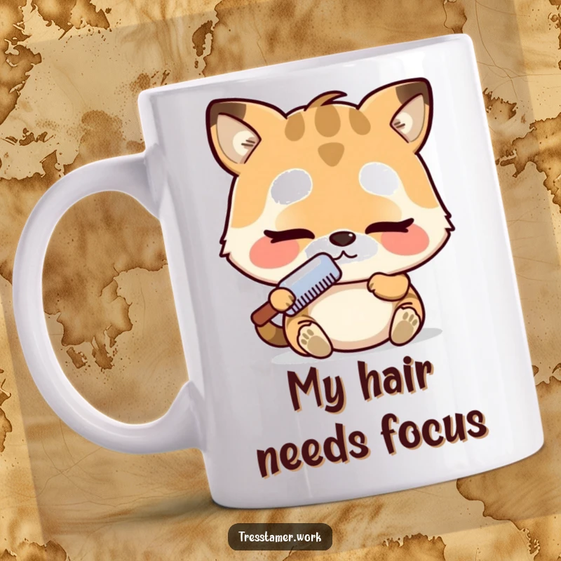 Funny mug with an adorable animal concentrating intensely while combing its fur, showing dedication and cuteness. A perfect gift.