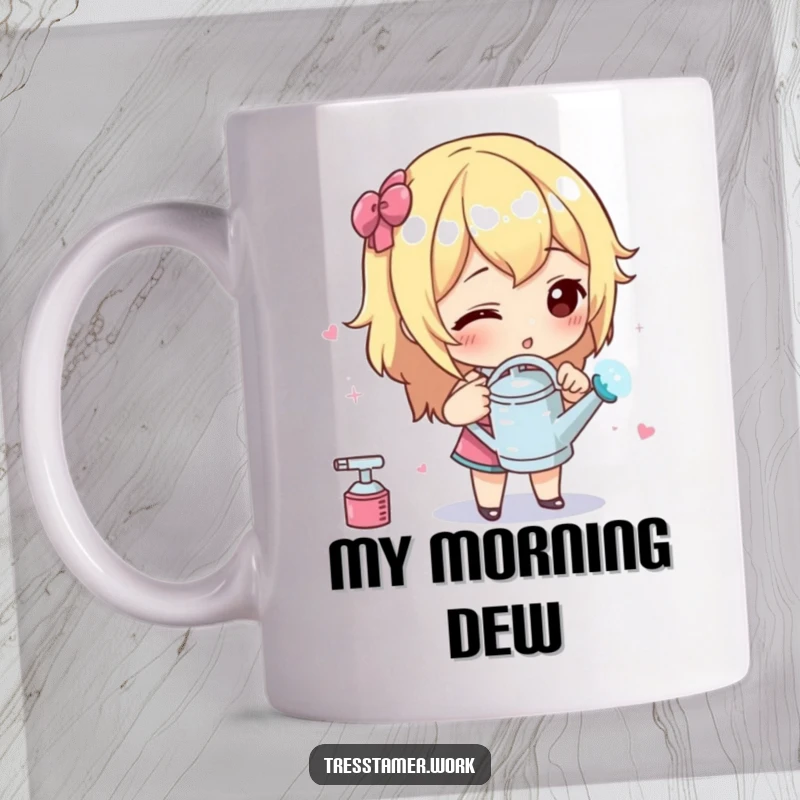 Funny mug with a character using a miniature watering can to spray styling liquid with intense focus, meticulous grooming humor.