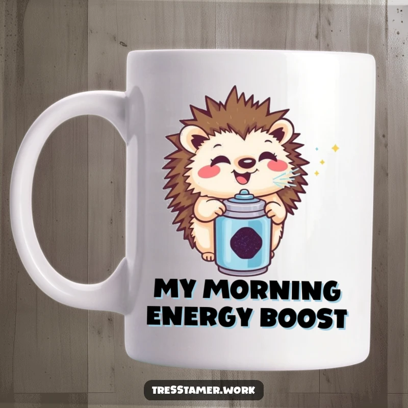 Funny hedgehog mug spraying glitter with a huge grin, a delightful and humorous design for lovers of cute creatures.