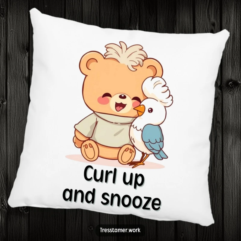 Funny giggling bear styling a bird's feathers into a perm, soft pillow, whimsical home decor, animal art.