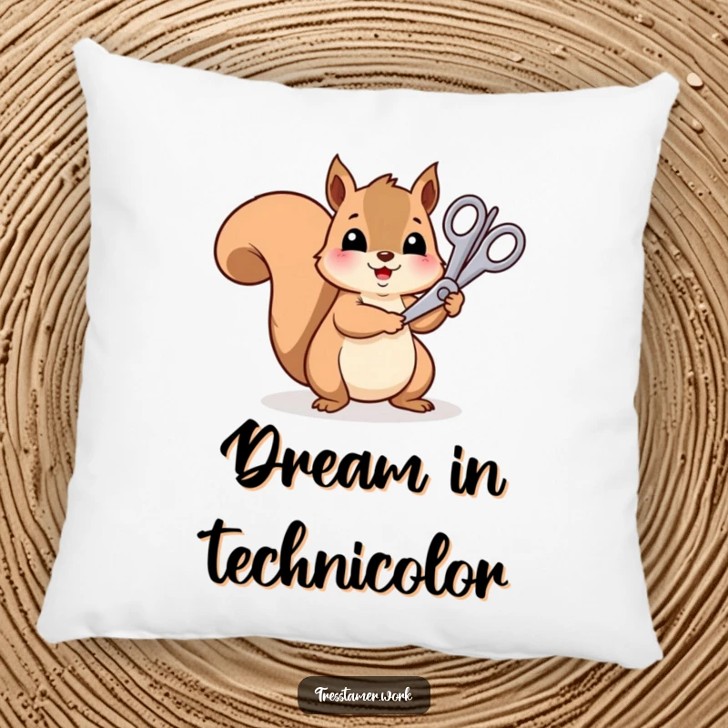 Funny cheerful squirrel trimming a rainbow with scissors, soft pillow, vibrant home decor, art gift.