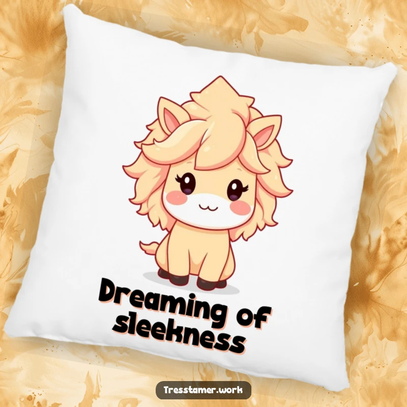 Funny pillow with a kawaii animal character, looking incredibly pleased with their perfectly styled, luscious mane, cozy decor.