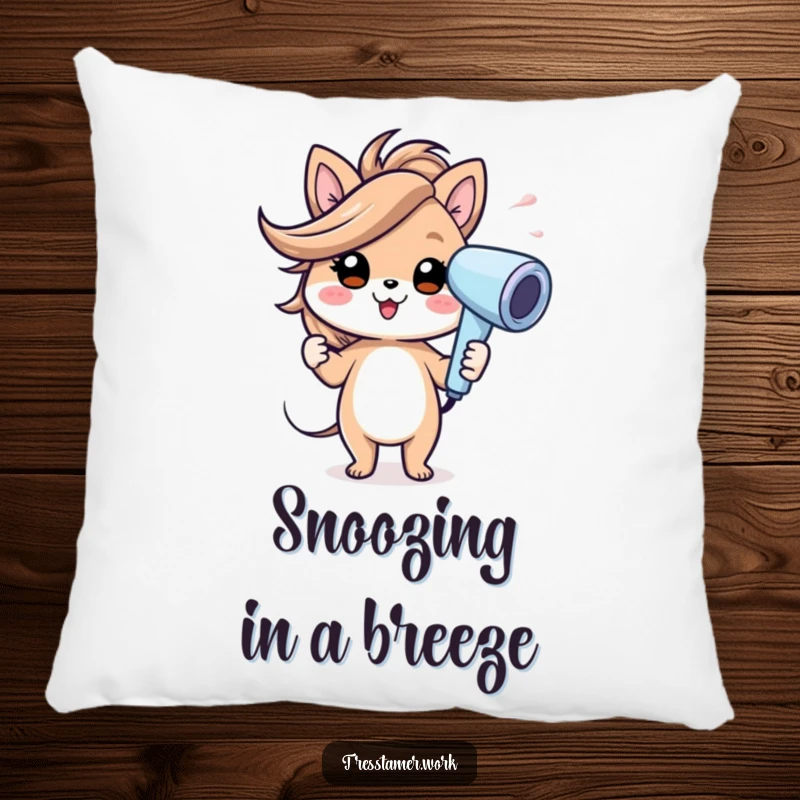 Funny pillow featuring a cheerful animal character using a hairdryer with a gust of wind, radiating fun and comfort. Excellent funny gift.