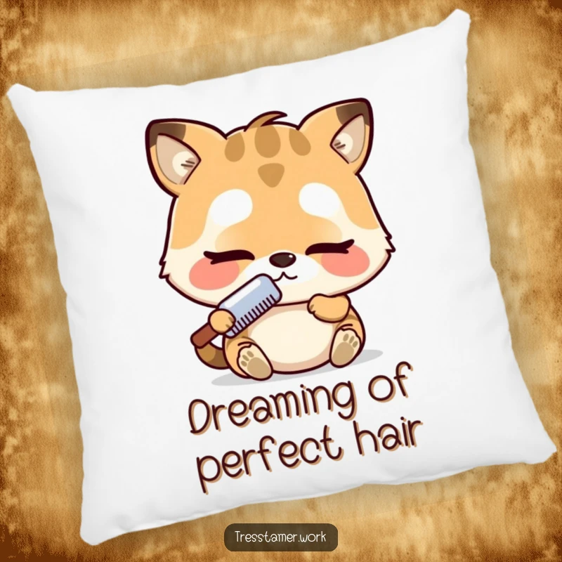 Funny pillow featuring an adorable animal character concentrating hard while combing, embodying focus and adorable charm. Excellent funny gift.