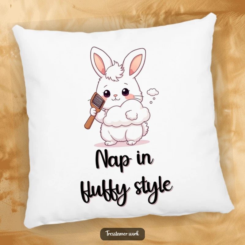Funny fluffy bunny styling a cloud with a comb, soft pillow, whimsical home decor, cute art.