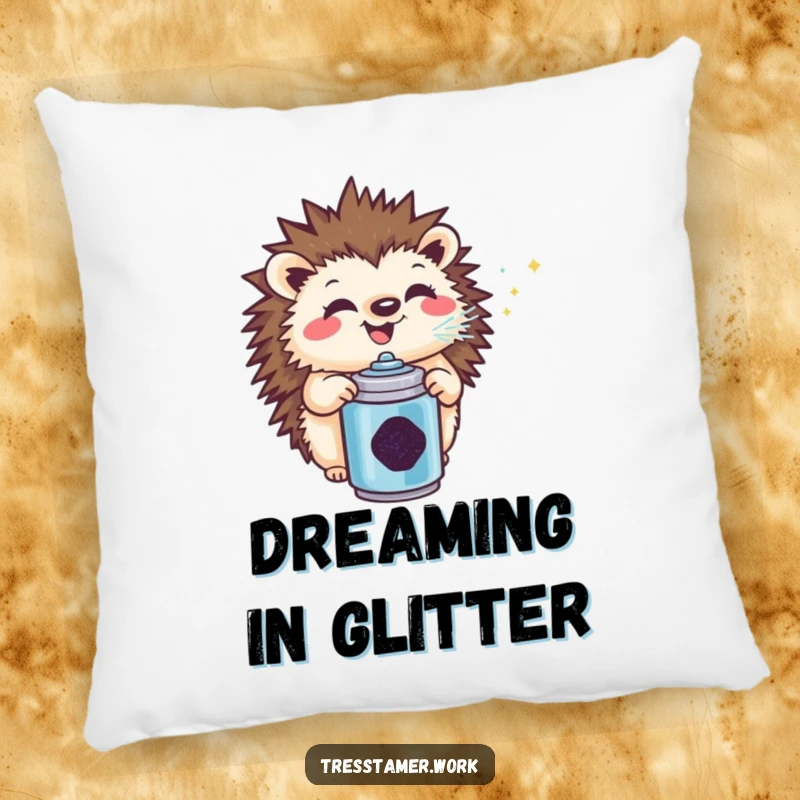 Funny hedgehog pillow, cheerfully spraying glitter, offering plush comfort and a humorous, sparkling visual treat.