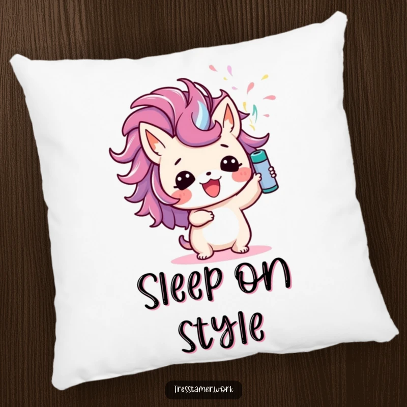 Funny pillow with a cute animal character spritzing colorful hairspray upwards, offering cozy comfort and humorous, stylish vibes.
