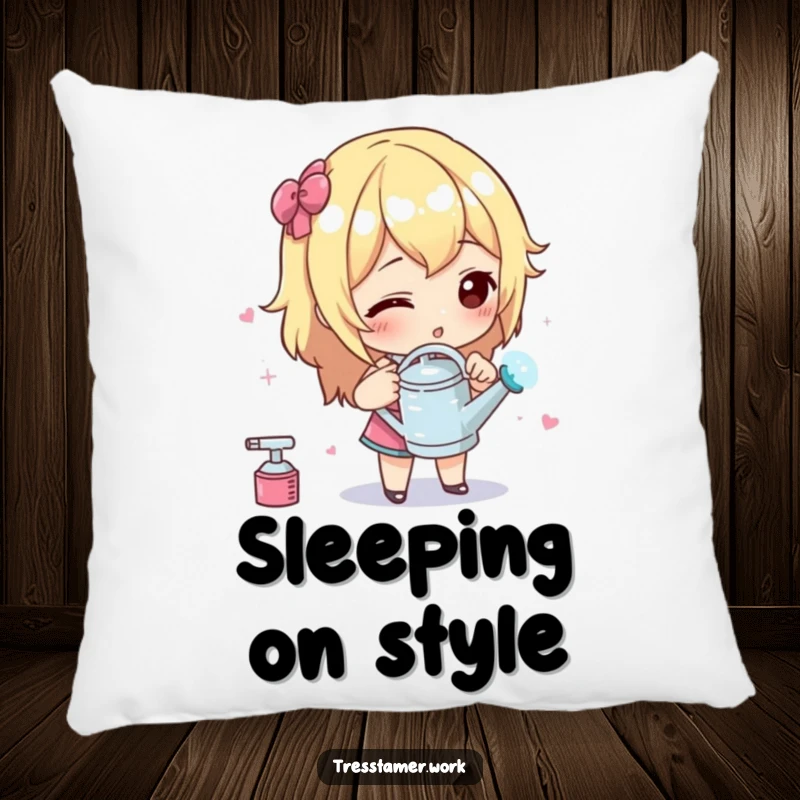 Funny pillow depicting a character using a tiny watering can to spray styling liquid with exaggerated care, cozy grooming theme.