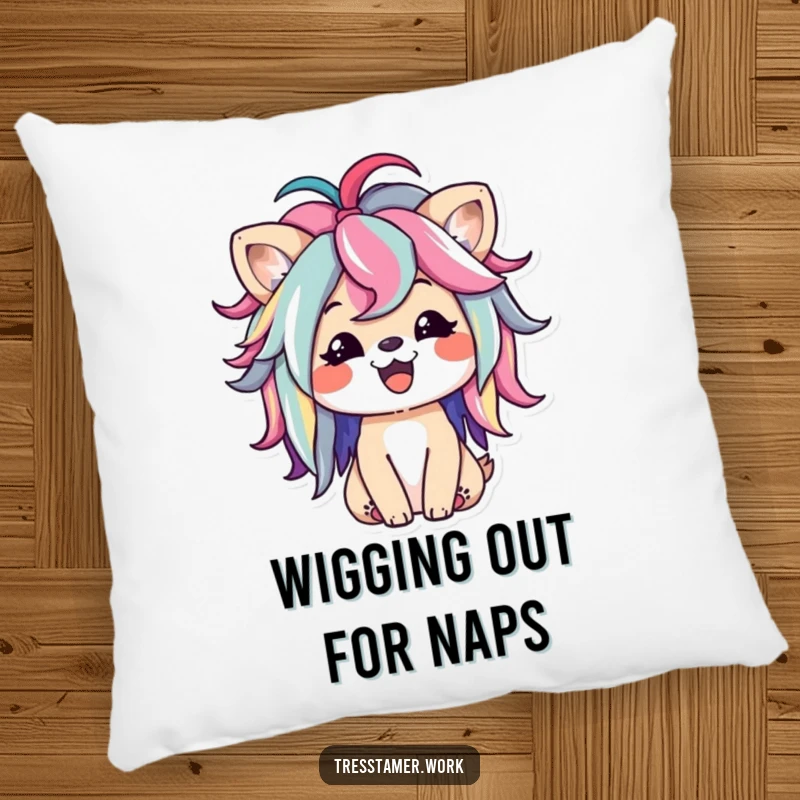 Funny pillow featuring a happy animal character styling a colorful wig, radiating comfort and playful charm. Excellent funny gift.