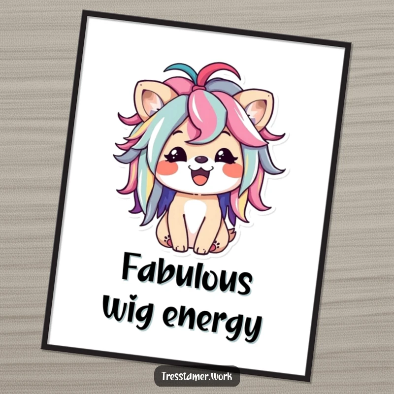 Funny digital art print of a happy animal character playfully styling a colorful wig, conveying joy and vibrant fashion. Amazing funny gift.