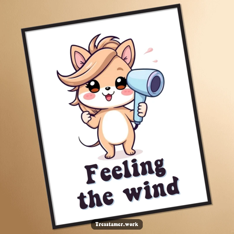Funny digital art print of a cheerful animal character using a hairdryer with a gust of wind, showing energetic styling. Amazing funny gift.