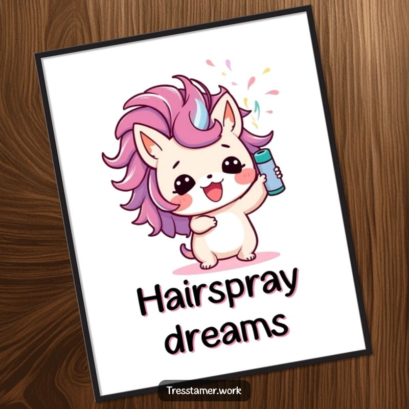 Funny digital art print of a cute animal character joyfully spritzing colorful hairspray upwards, offering humorous and stylish wall decoration.