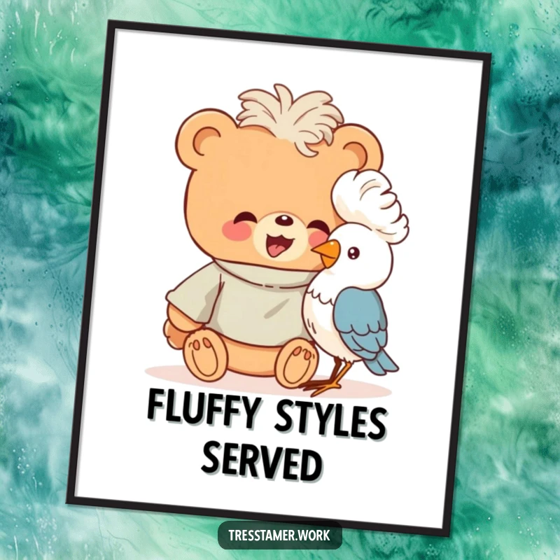 Funny giggling bear wearing a smock, attempting to perm a bird's feathers, digital art print, whimsical decor.