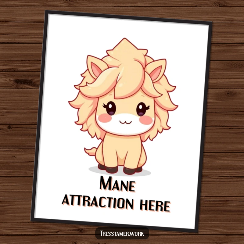 Funny digital art print of a kawaii animal character, beaming with pride over their beautifully styled and voluminous mane.