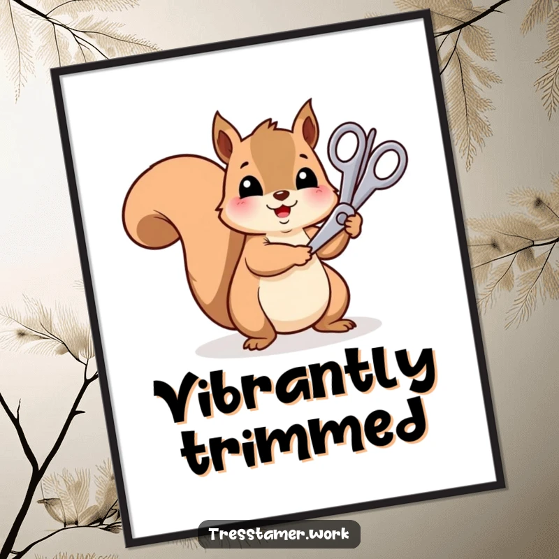 Funny cheerful squirrel with oversized scissors trimming a rainbow strand, digital art print, vibrant decor.