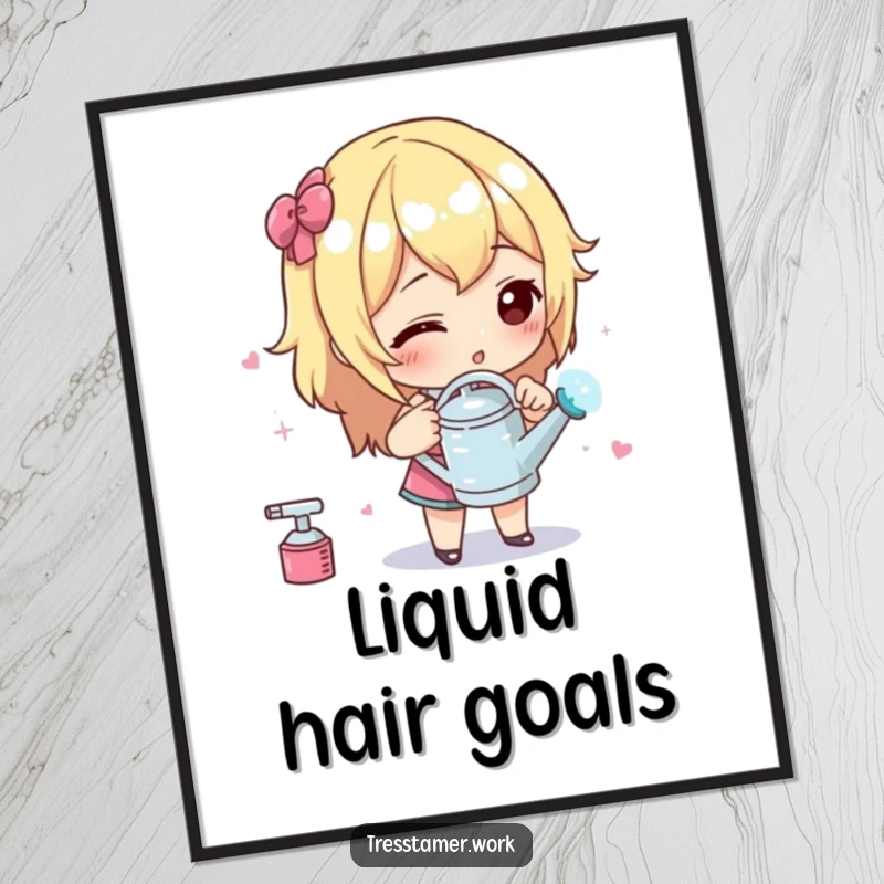 Funny digital art print of a character using a miniature watering can to spray styling liquid with exaggerated care, precision grooming.