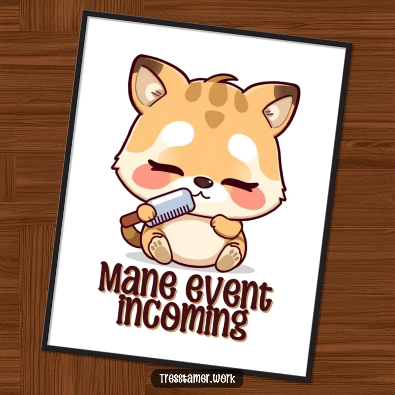 Funny digital art print of an adorable animal character intensely focused on combing, conveying dedication and charm. Amazing funny gift.