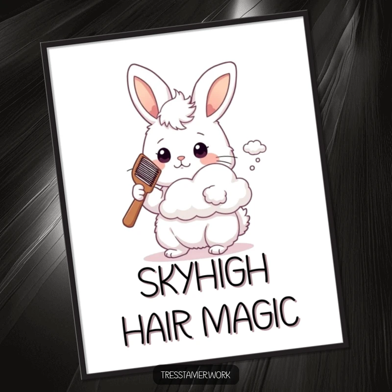 Funny fluffy bunny holding a comb, styling a tiny floating cloud, digital art print, whimsical decor.