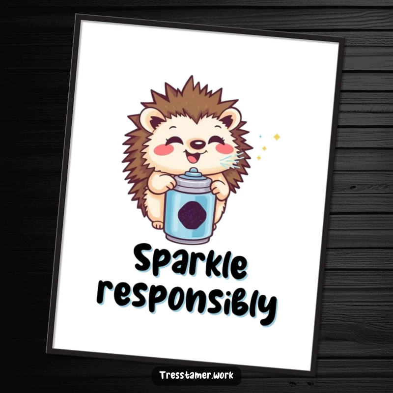 Funny hedgehog digital art print, gleefully spraying glitter with a huge grin, a humorous and sparkly visual for immediate download.