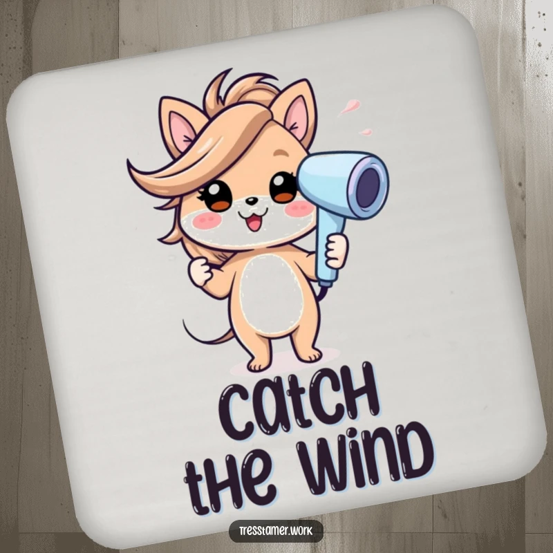 Funny drink coaster with a cheerful animal character using a hairdryer with a gust of wind, adding playful charm. Excellent funny gift.